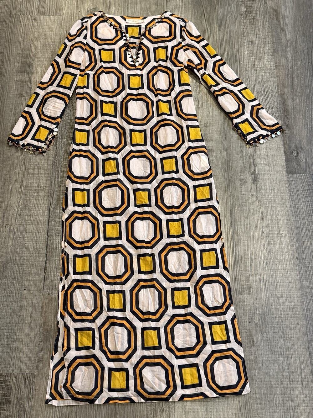 $330 Tory Burch Geo Embellished Printed Cotton-Voile Kaftan Resort Boho Sz XS